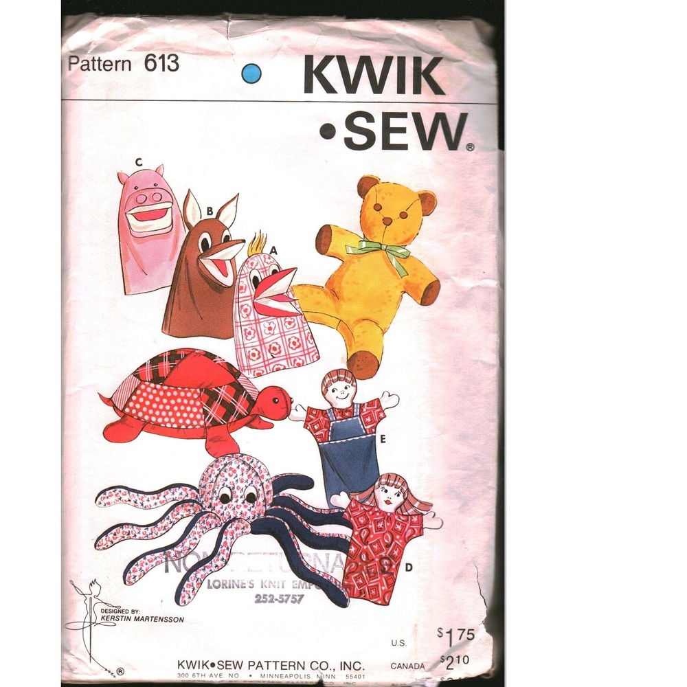 Vintage Kwik Sew 613 Stuffed Animals Puppets Sewing Pattern Teddy Bear Octopus